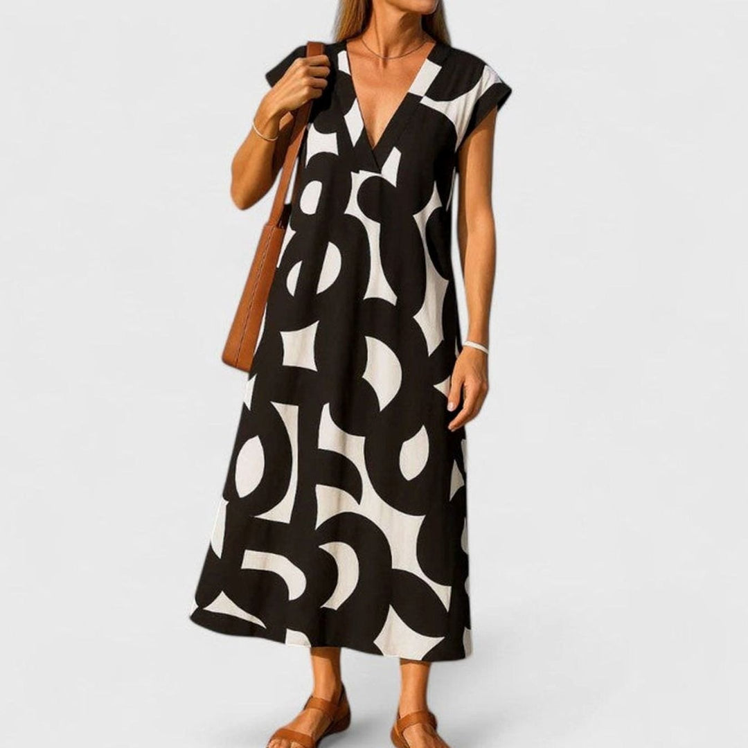 Women's Geometric Print V-Neck Midi Dress Cap Sleeve A-Line
