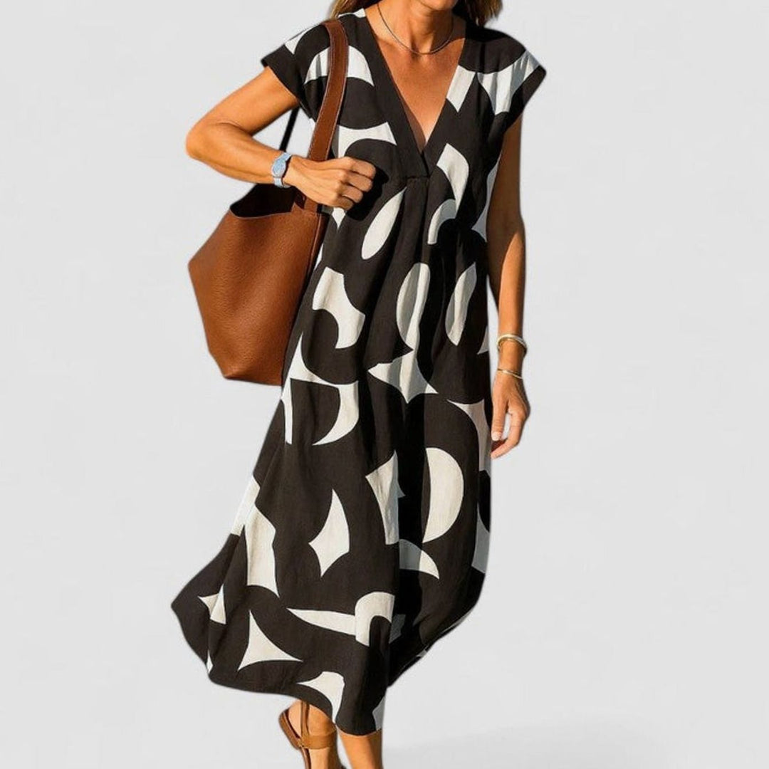 Women's Geometric Print V-Neck Midi Dress Cap Sleeve A-Line - Black