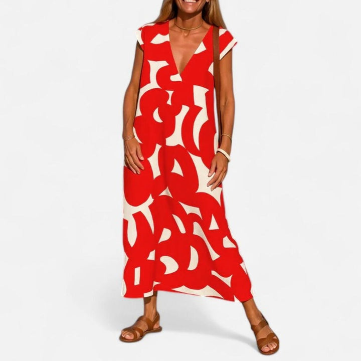 Women's Geometric Print V-Neck Midi Dress Cap Sleeve A-Line - Red