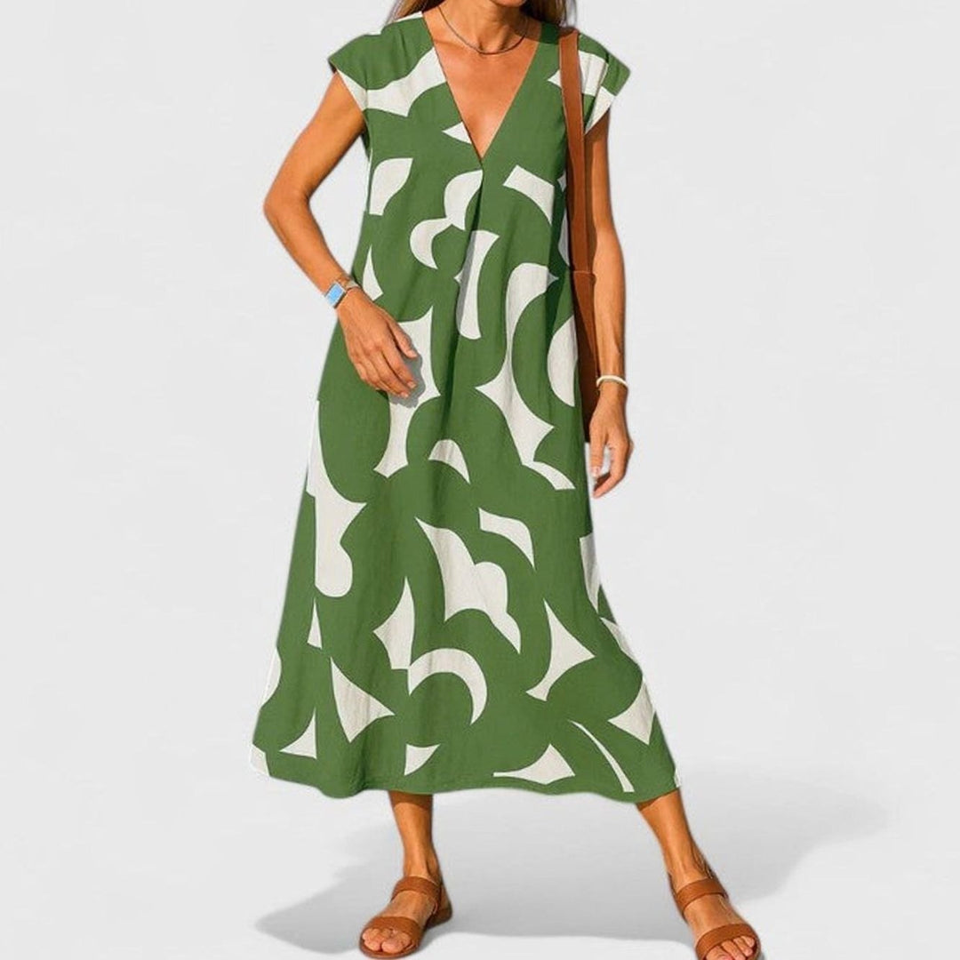 Women's Geometric Print V-Neck Midi Dress Cap Sleeve A-Line - Green