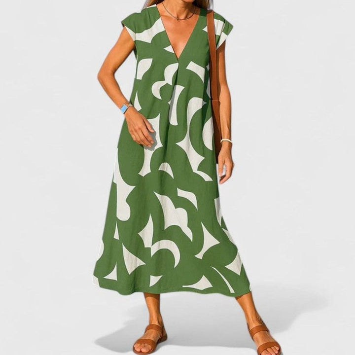 Women's Geometric Print V-Neck Midi Dress Cap Sleeve A-Line - Green