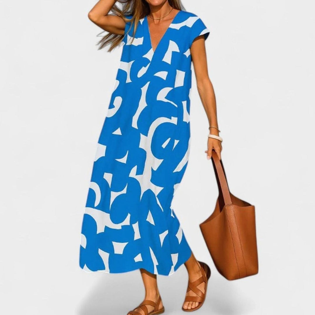 Women's Geometric Print V-Neck Midi Dress Cap Sleeve A-Line - Blue