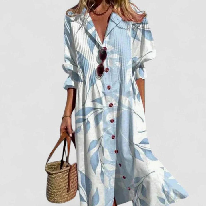Women's Half-Sleeve Leaf-Print Button-Down Boho Maxi Dress - Sky Blue