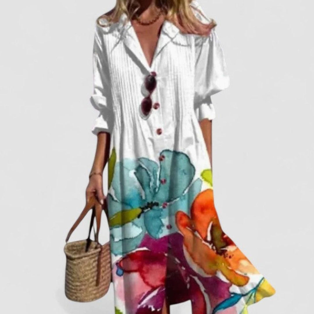Women's Half-Sleeve Leaf-Print Button-Down Boho Maxi Dress - White