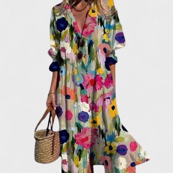 Women's Half-Sleeve Leaf-Print Button-Down Boho Maxi Dress - Multicolor 1
