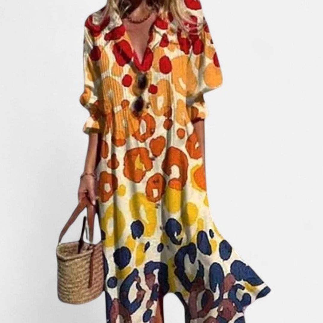 Women's Half-Sleeve Leaf-Print Button-Down Boho Maxi Dress - Yellow
