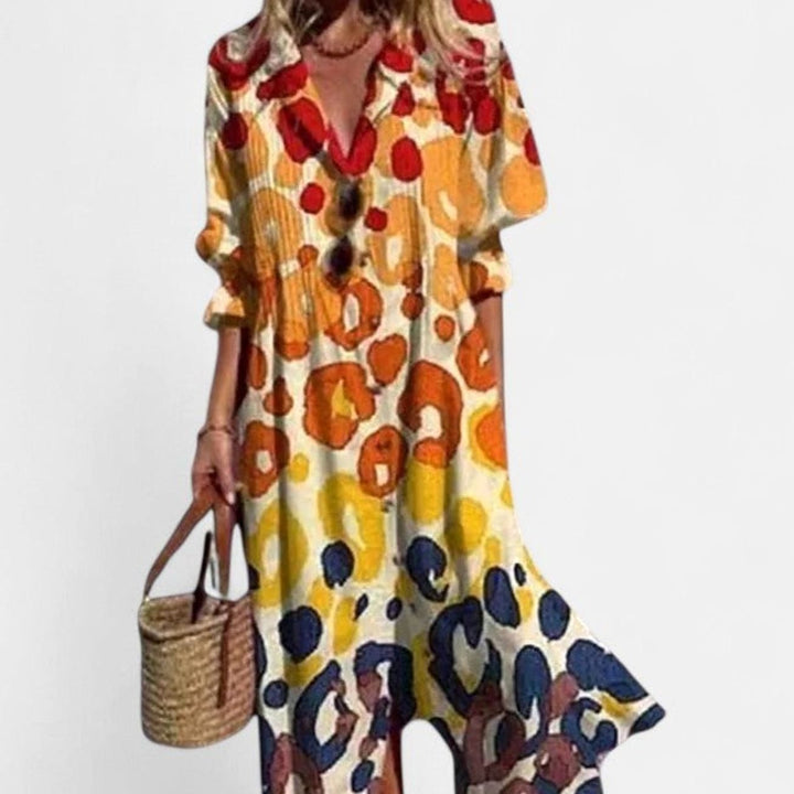 Women's Half-Sleeve Leaf-Print Button-Down Boho Maxi Dress - Yellow
