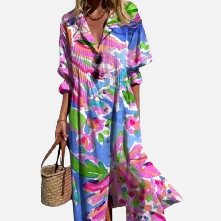 Women's Half-Sleeve Leaf-Print Button-Down Boho Maxi Dress - Red