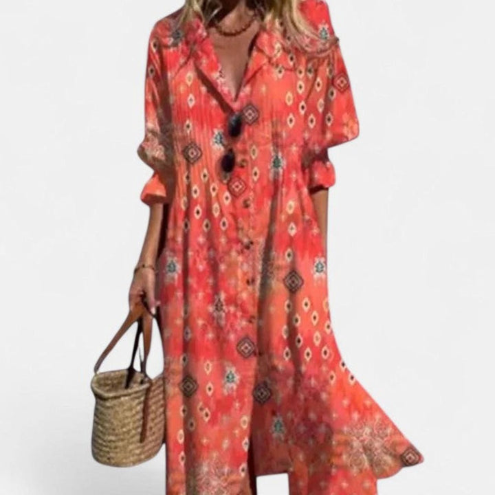Women's Half-Sleeve Leaf-Print Button-Down Boho Maxi Dress - Rose