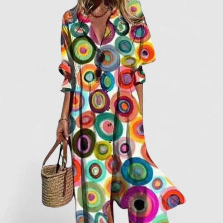 Women's Half-Sleeve Leaf-Print Button-Down Boho Maxi Dress - Multicolor 2