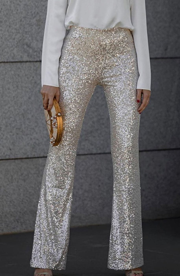 Women's High-Rise Flared Sequin Trousers - Champagne