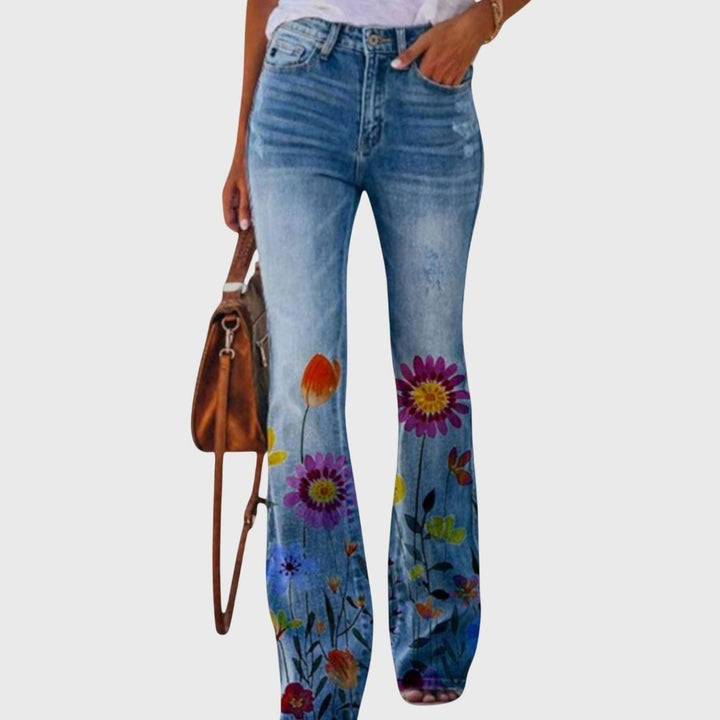 Women's High-Waist Floral Bell-Bottom Flare Jeans With Flowers - Red Flower