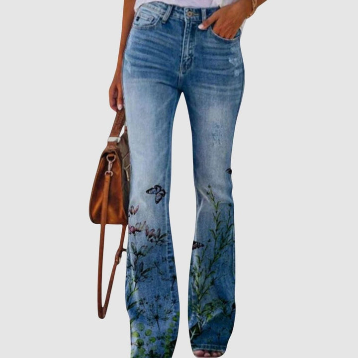 Women's High-Waist Floral Bell-Bottom Flare Jeans With Flowers - Black Butterfly