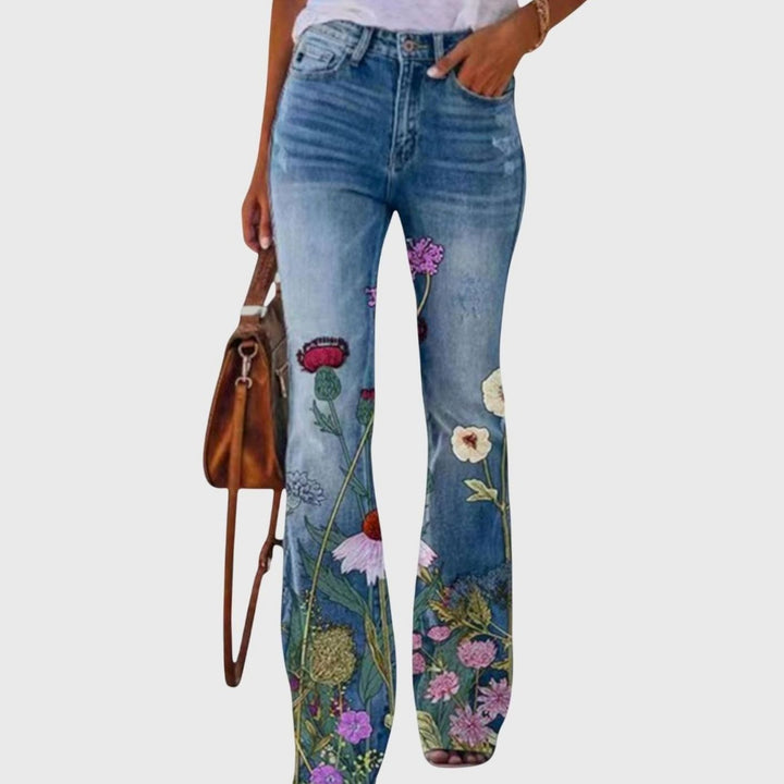 Women's High-Waist Floral Bell-Bottom Flare Jeans With Flowers - Yellow Flower