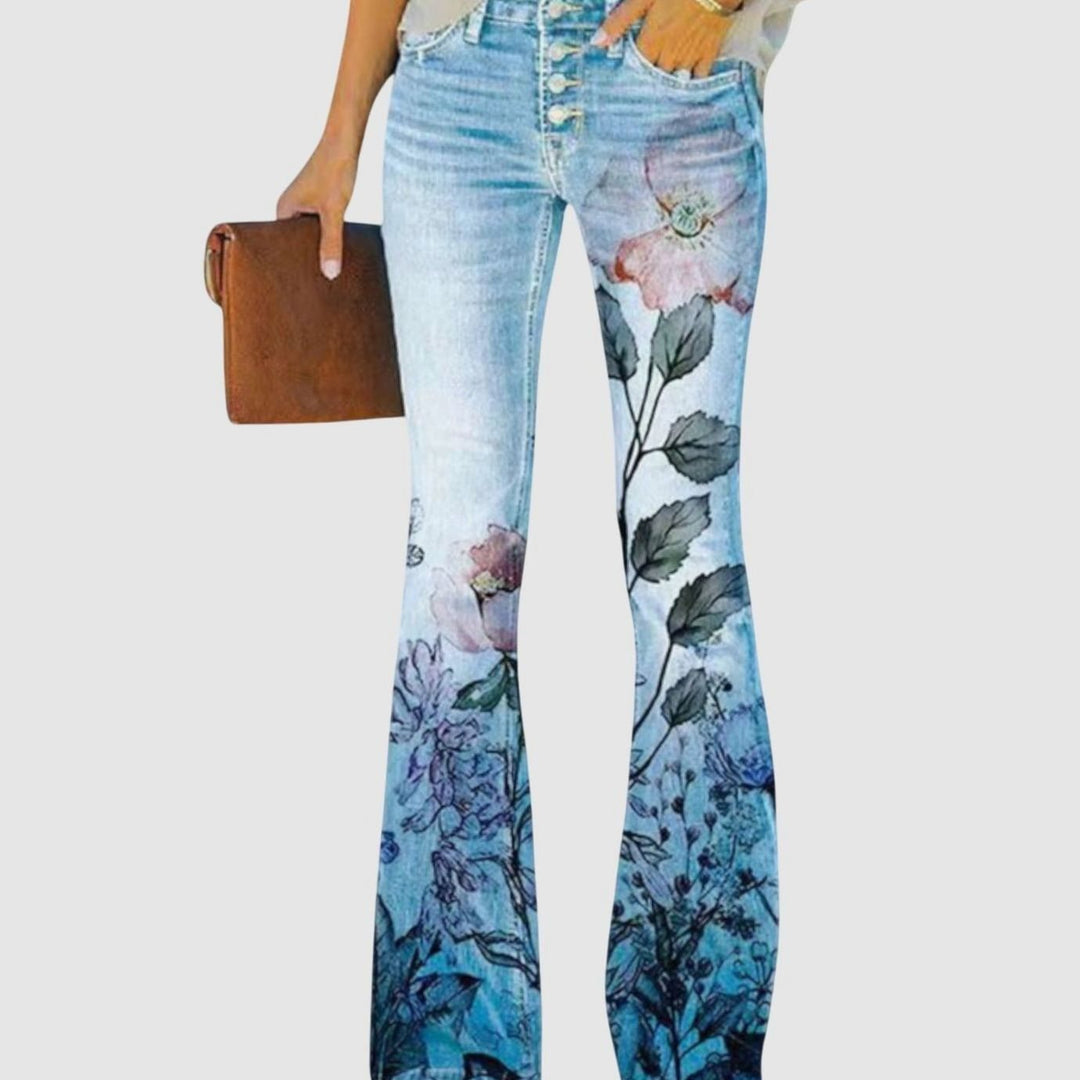 Women's High-Waist Floral Bell-Bottom Flare Jeans With Flowers - Blue Flower