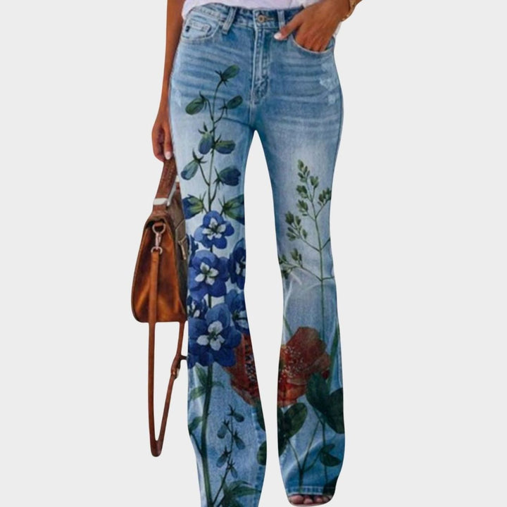 Women's High-Waist Floral Bell-Bottom Flare Jeans With Flowers - Red Flower 2
