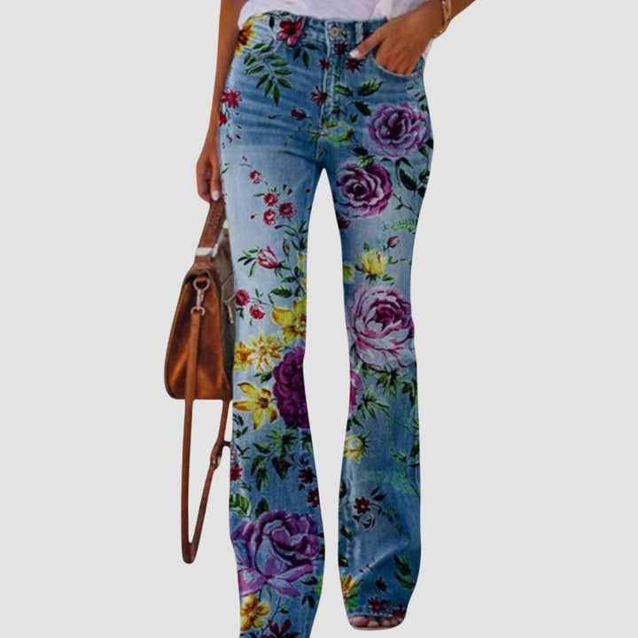 Women's High-Waist Floral Bell-Bottom Flare Jeans With Flowers - Purple Flower