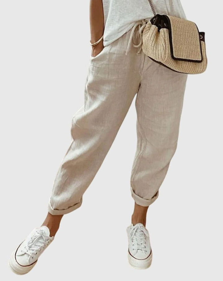 Women's High-Waist Relaxed-Fit Drawstring Linen Pants - Beige