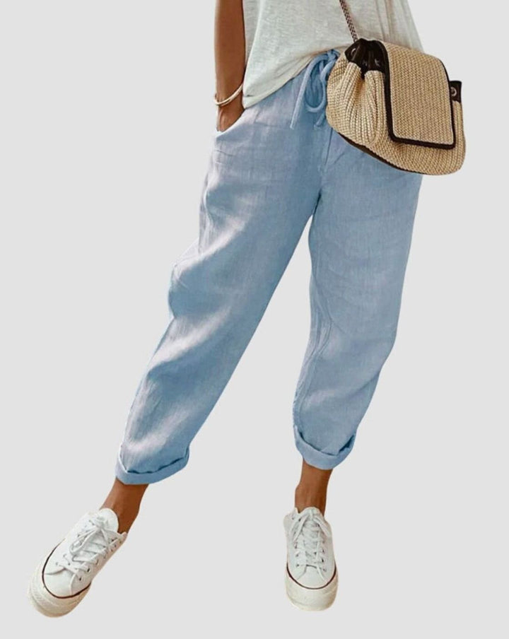 Women's High-Waist Relaxed-Fit Drawstring Linen Pants - Blue