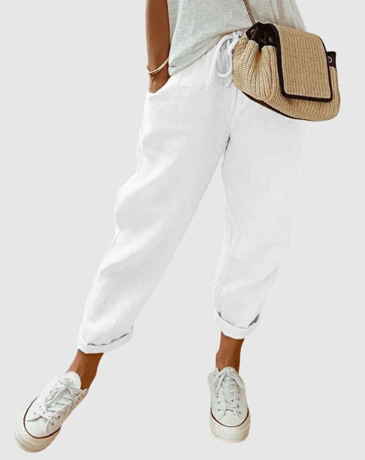 Women's High-Waist Relaxed-Fit Drawstring Linen Pants - White