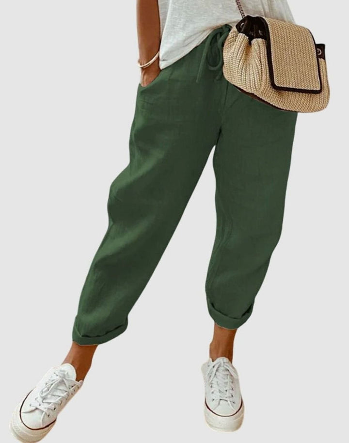Women's High-Waist Relaxed-Fit Drawstring Linen Pants - Green