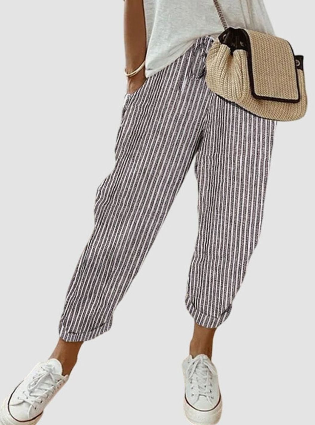 Women's High-Waist Relaxed-Fit Drawstring Linen Pants - Grey (Striped)