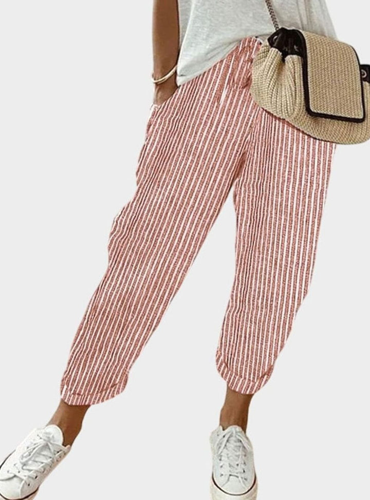 Women's High-Waist Relaxed-Fit Drawstring Linen Pants - Red (Striped)