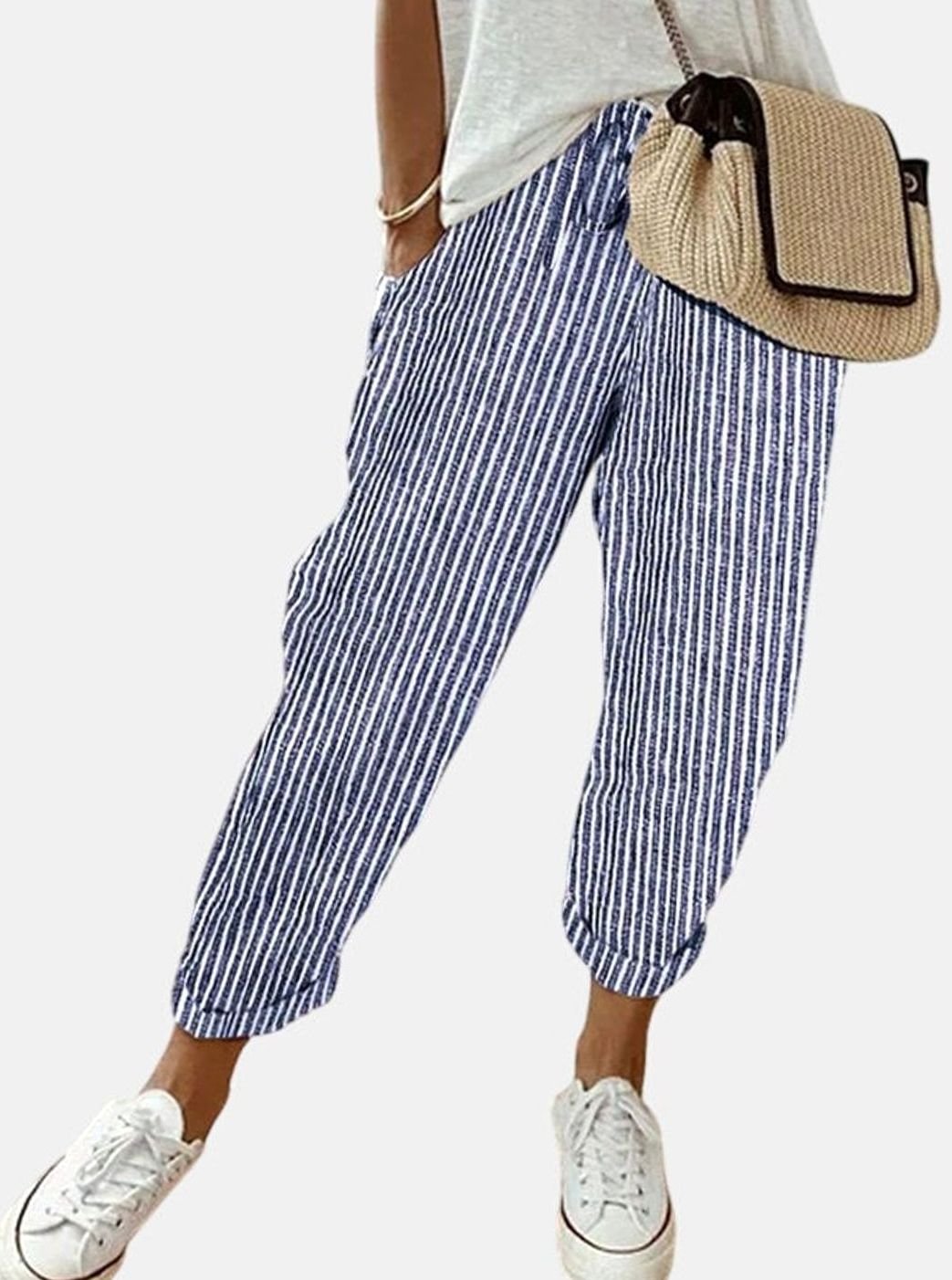 Women's High-Waist Relaxed-Fit Drawstring Linen Pants - Blue (Striped)