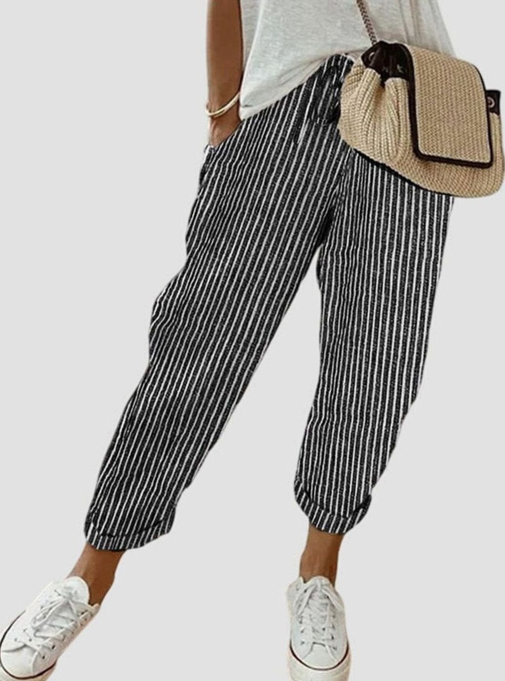 Women's High-Waist Relaxed-Fit Drawstring Linen Pants - Black (Striped)