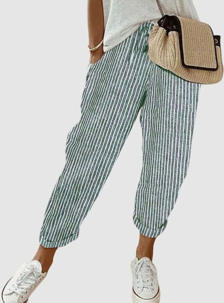 Women's High-Waist Relaxed-Fit Drawstring Linen Pants - Green (Striped)