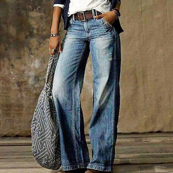 Women's High-Waist Wide-Leg Jeans Relaxed Flare Denim Pants - Light Blue