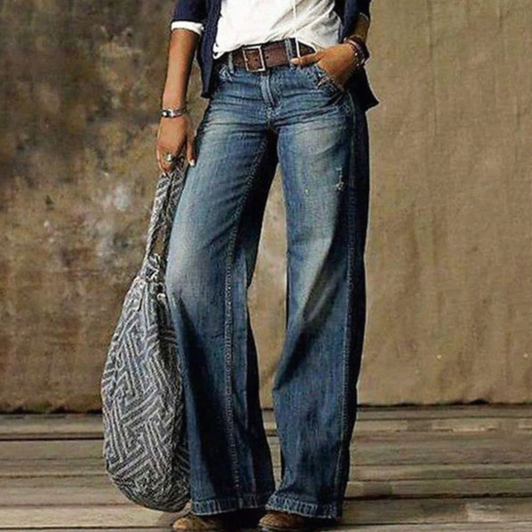 Women's High-Waist Wide-Leg Jeans Relaxed Flare Denim Pants - Blue