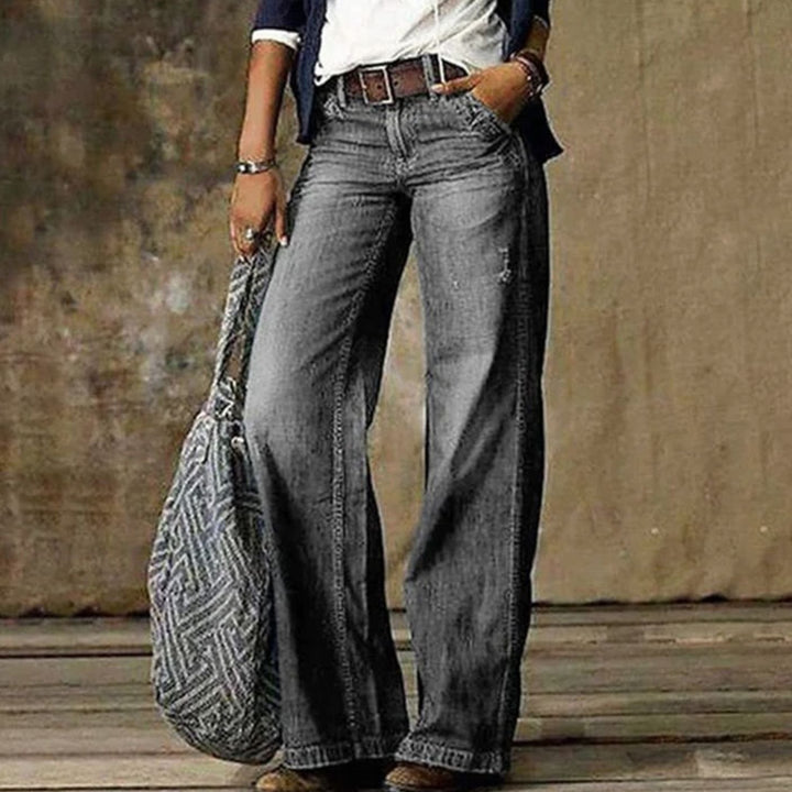 Women's High-Waist Wide-Leg Jeans Relaxed Flare Denim Pants - Light Grey