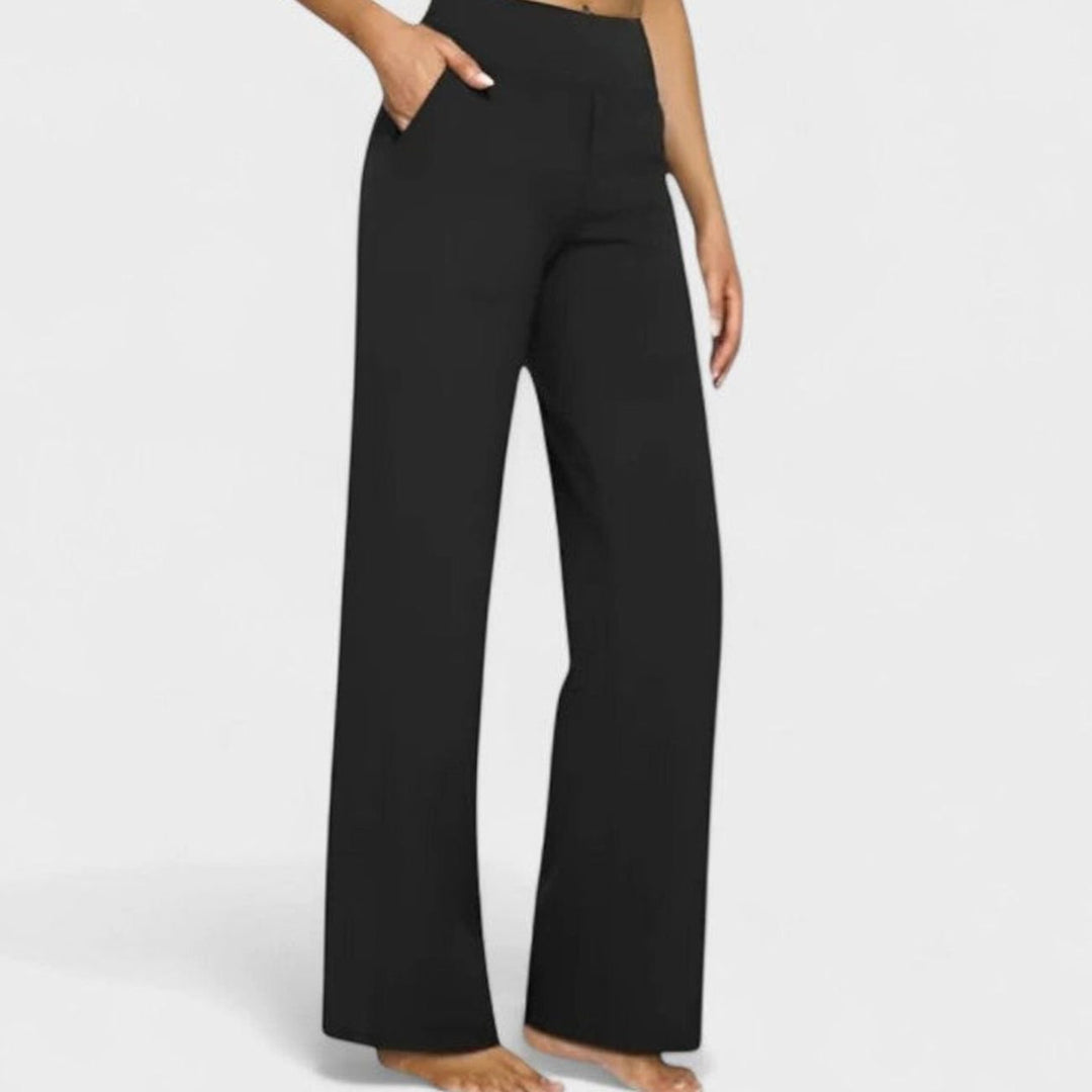Women's High-Waist Wide-Waistband Pull-On Wide-Leg Pants Deep Side Pockets - Black