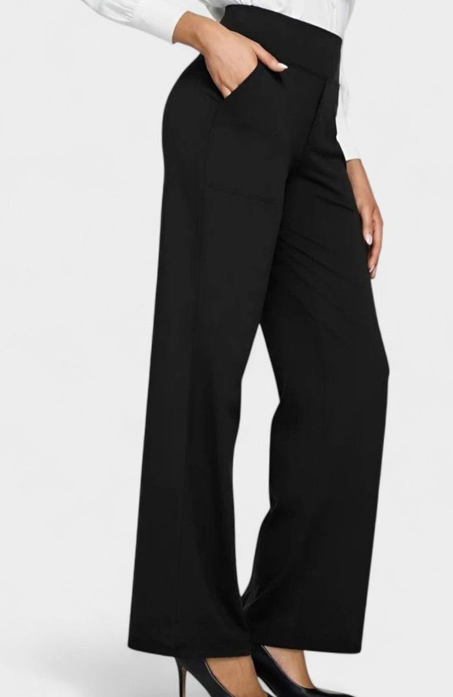 Women's High-Waist Wide-Waistband Pull-On Wide-Leg Pants Deep Side Pockets