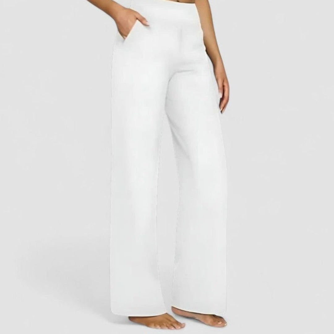 Women's High-Waist Wide-Waistband Pull-On Wide-Leg Pants Deep Side Pockets - White