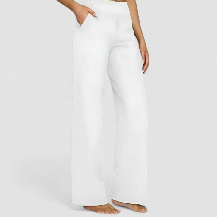 Women's High-Waist Wide-Waistband Pull-On Wide-Leg Pants Deep Side Pockets - White