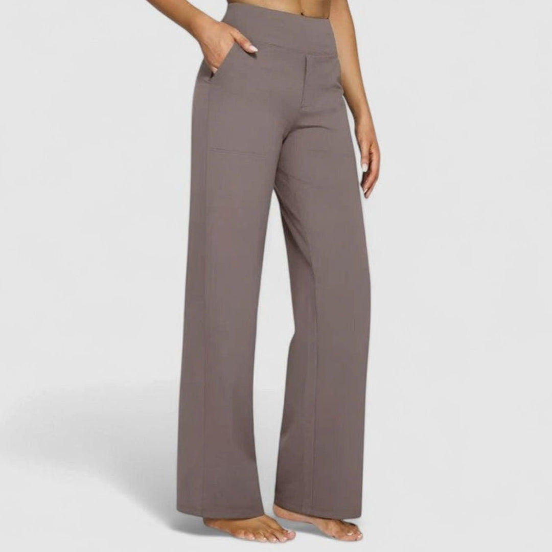 Women's High-Waist Wide-Waistband Pull-On Wide-Leg Pants Deep Side Pockets - Taupe