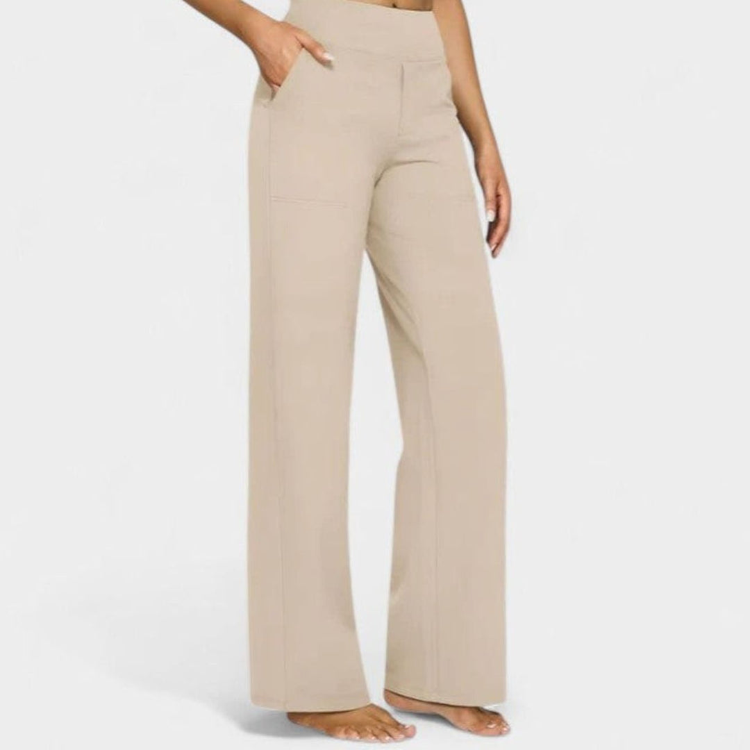Women's High-Waist Wide-Waistband Pull-On Wide-Leg Pants Deep Side Pockets - Cream