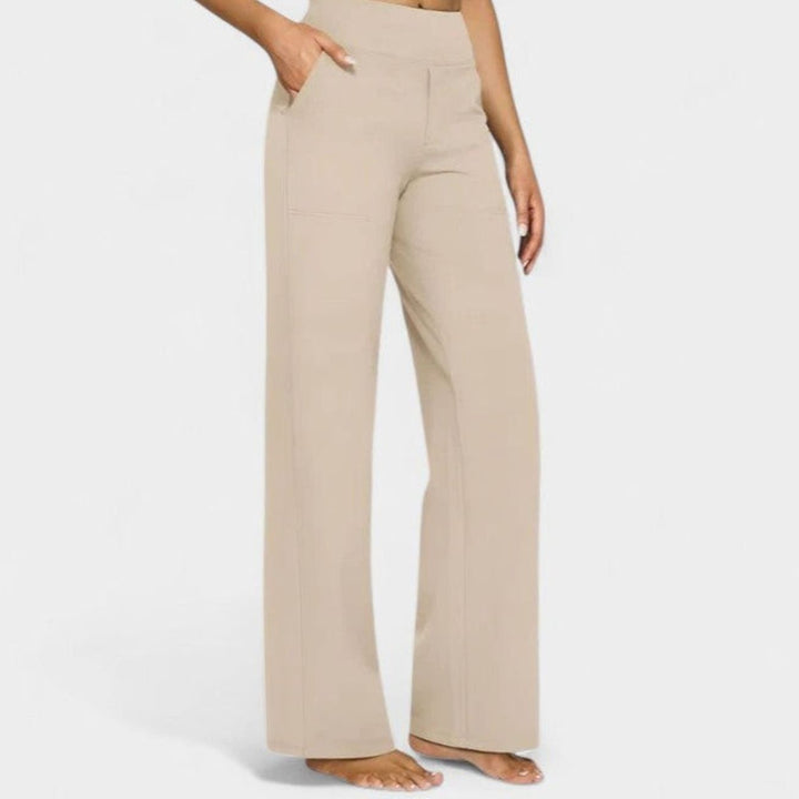 Women's High-Waist Wide-Waistband Pull-On Wide-Leg Pants Deep Side Pockets - Cream