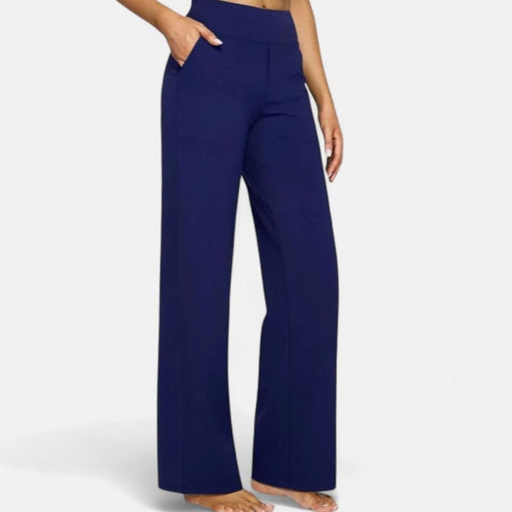 Women's High-Waist Wide-Waistband Pull-On Wide-Leg Pants Deep Side Pockets - Blue