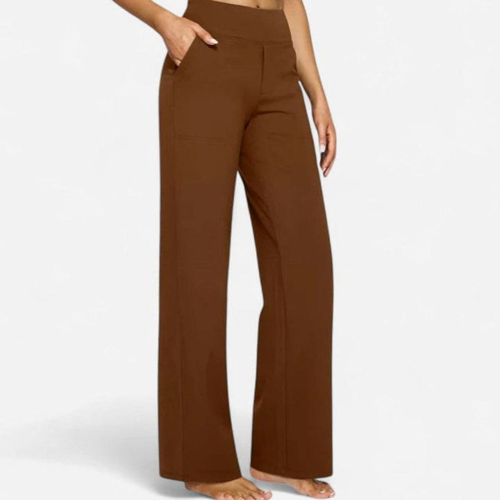 Women's High-Waist Wide-Waistband Pull-On Wide-Leg Pants Deep Side Pockets - Brown