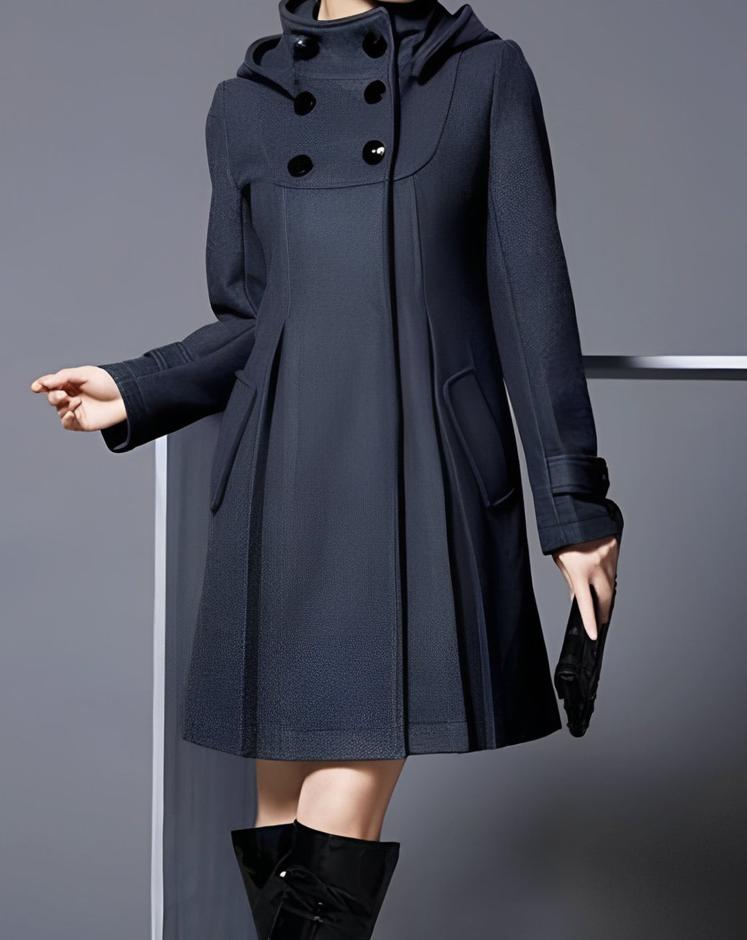 Women's Hooded Double-Breasted Button-Down A-Line Coat - Dark Grey