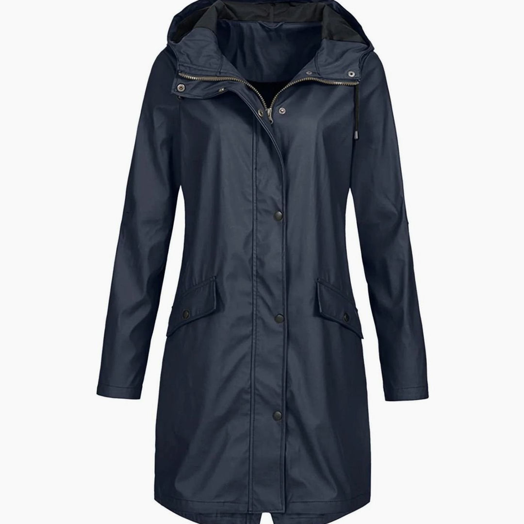 Women's Hooded Longline Snap-Button Waterproof Winter Coat - Navy Blue