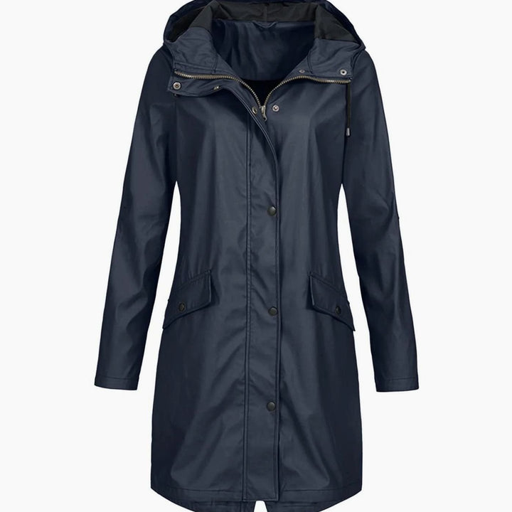 Women's Hooded Longline Snap-Button Waterproof Winter Coat - Navy Blue