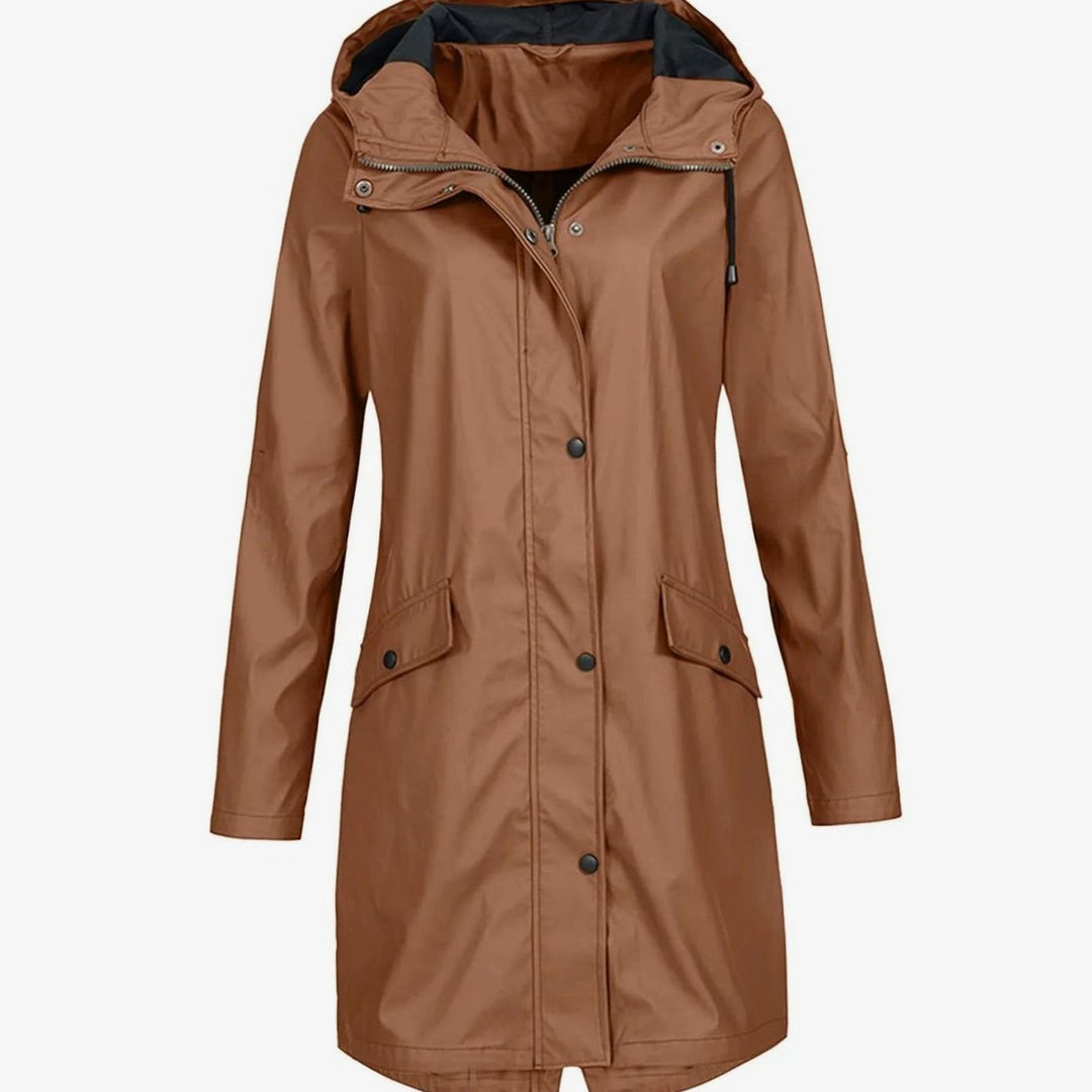 Women's Hooded Longline Snap-Button Waterproof Winter Coat - Dark Brown