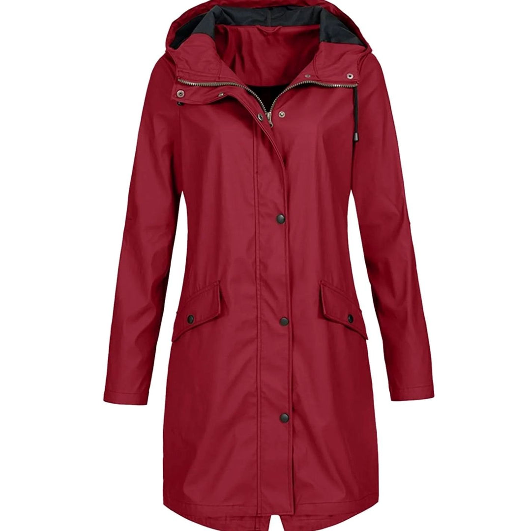 Women's Hooded Longline Snap-Button Waterproof Winter Coat - Burgundy