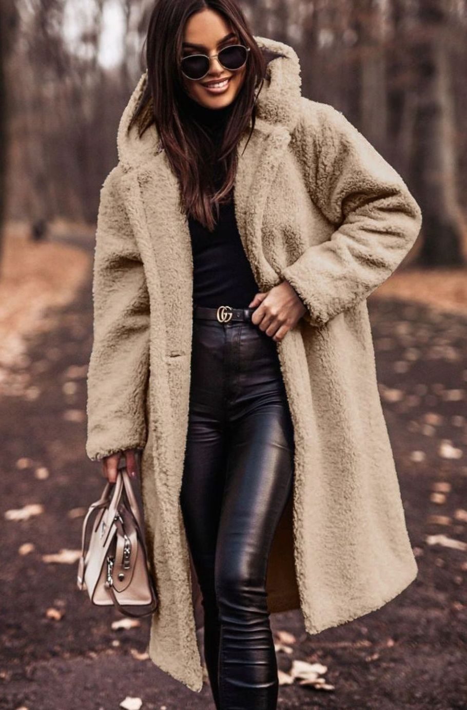 Women's Hooded Teddy Faux Fur Long Winter Coat - Beige