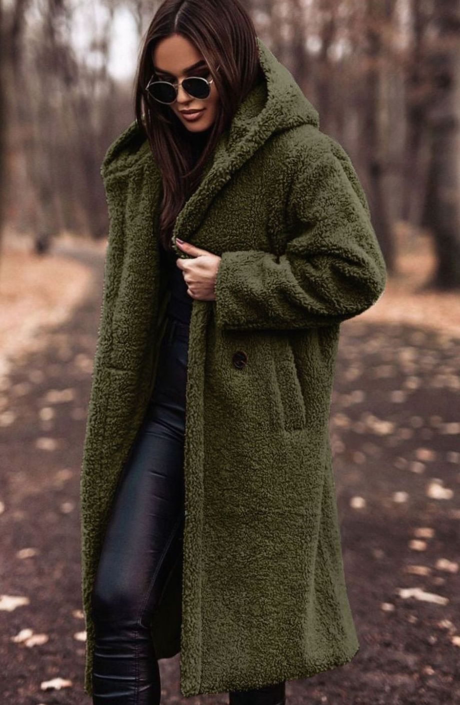 Women's Hooded Teddy Faux Fur Long Winter Coat - Green