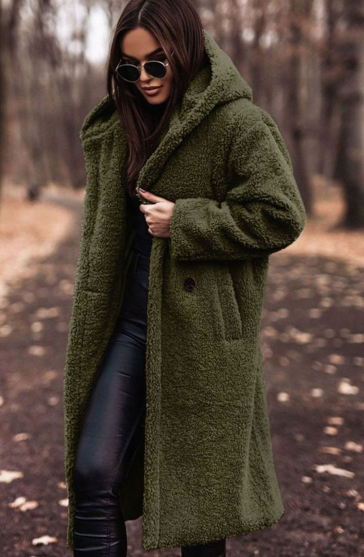 Women's Hooded Teddy Faux Fur Long Winter Coat - Green
